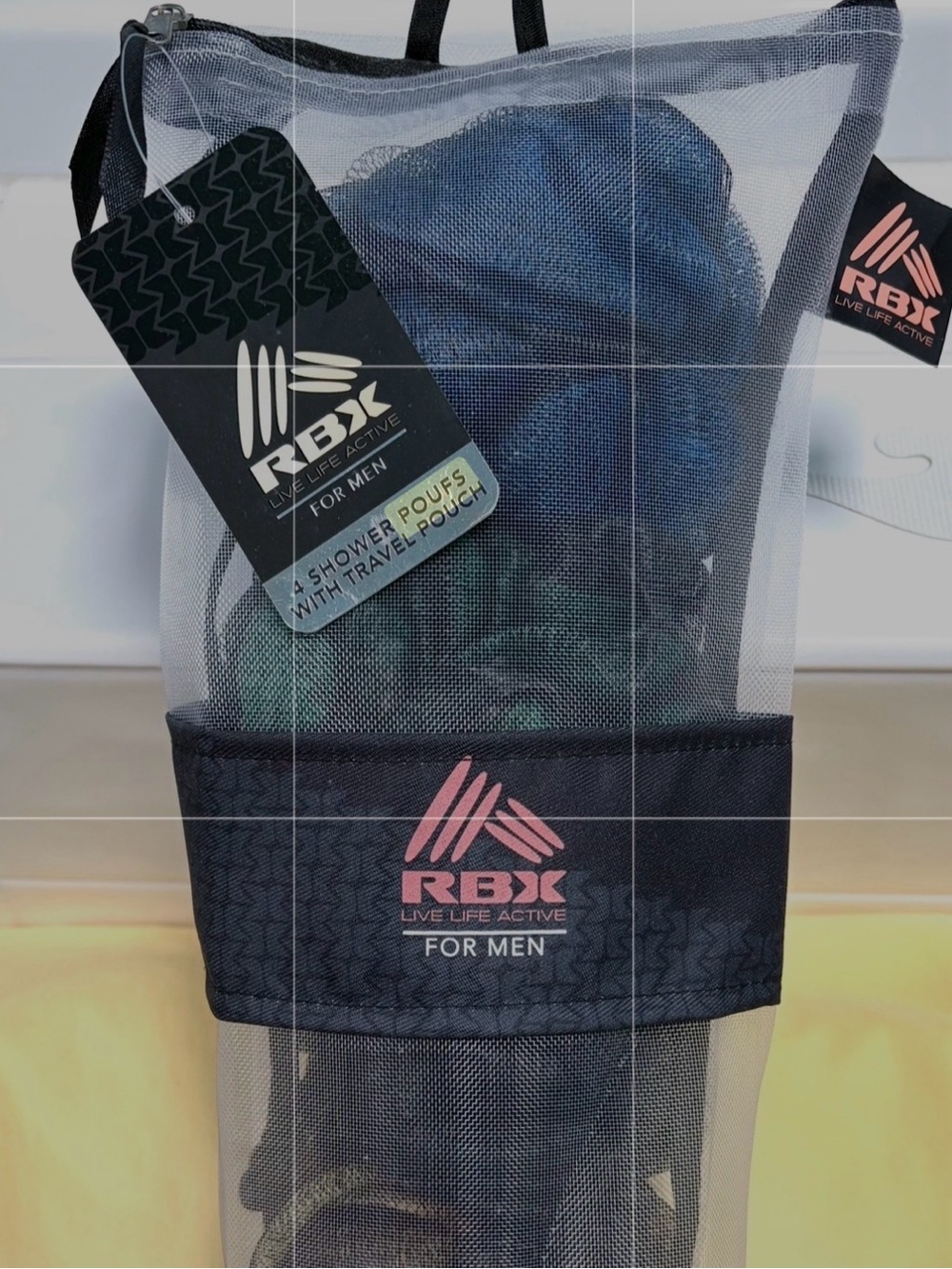 RBX Men’s 4-Pack Shower Poufs Loofah Set with Machine Washable Travel Pouch